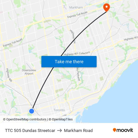 TTC 505 Dundas Streetcar to Markham Road map