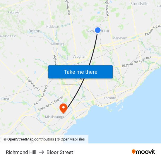 Richmond Hill to Bloor Street map