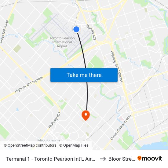 Terminal 1 - Toronto Pearson Int'L Airport to Bloor Street map
