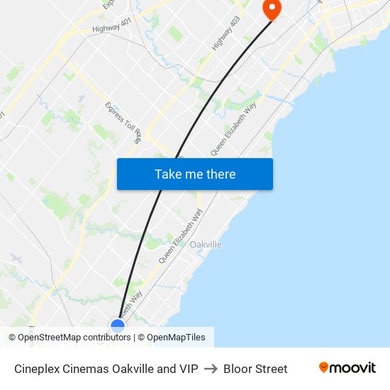 Cineplex Cinemas Oakville and VIP to Bloor Street map