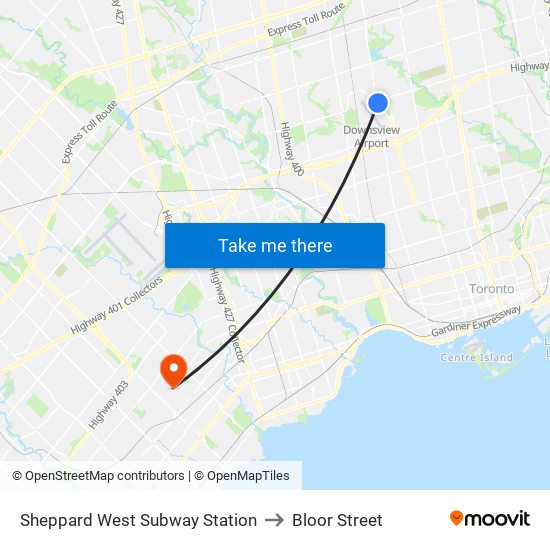 Sheppard West Subway Station to Bloor Street map