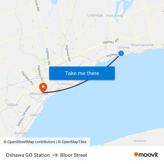 Oshawa GO Station to Bloor Street map
