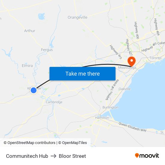 Communitech Hub to Bloor Street map