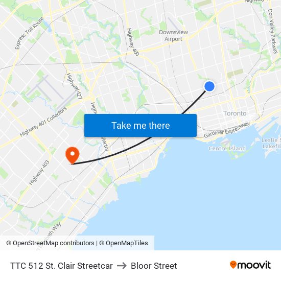 TTC 512 St. Clair Streetcar to Bloor Street map