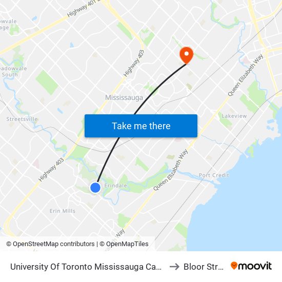 University Of Toronto Mississauga Campus to Bloor Street map