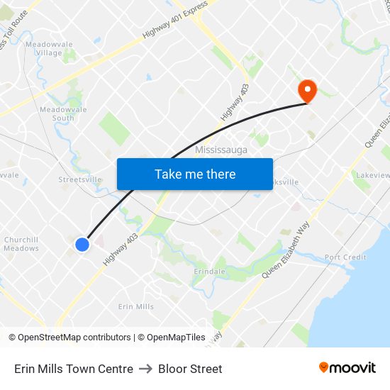 Erin Mills Town Centre to Bloor Street map