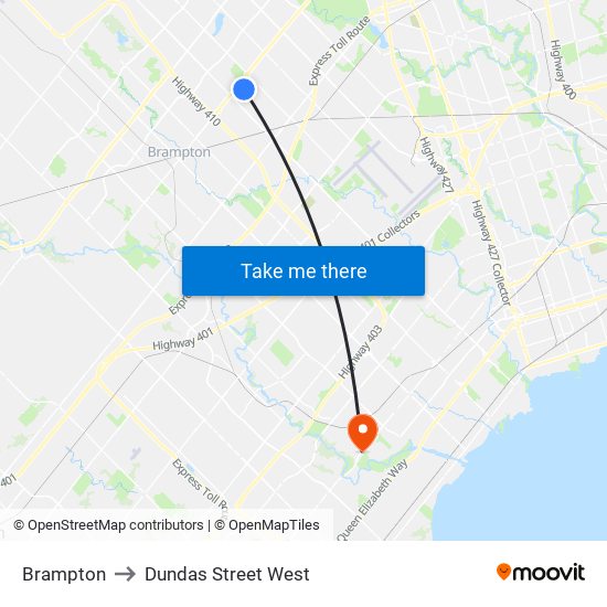 Brampton to Dundas Street West map