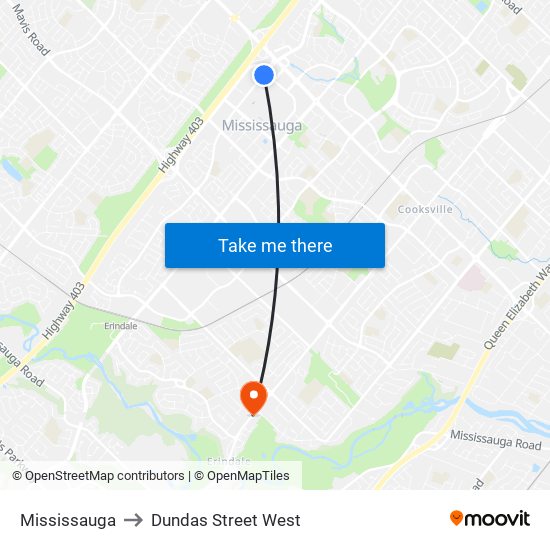 Mississauga to Dundas Street West map