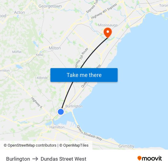 Burlington to Dundas Street West map