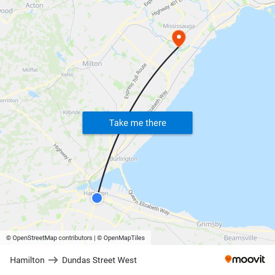 Hamilton to Dundas Street West map