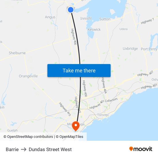Barrie to Dundas Street West map