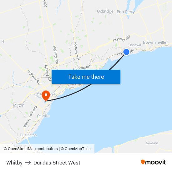 Whitby to Dundas Street West map