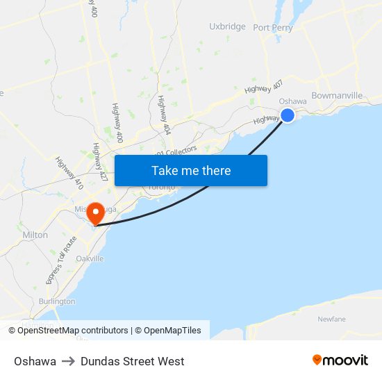 Oshawa to Dundas Street West map