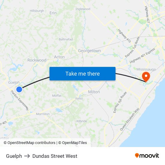 Guelph to Dundas Street West map