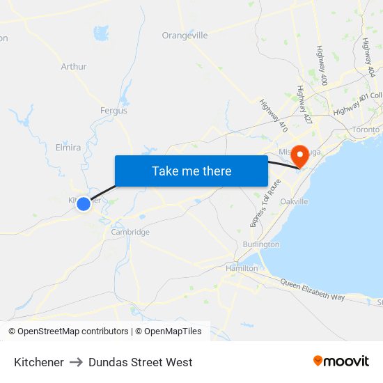 Kitchener to Dundas Street West map