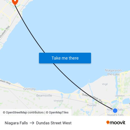 Niagara Falls to Dundas Street West map