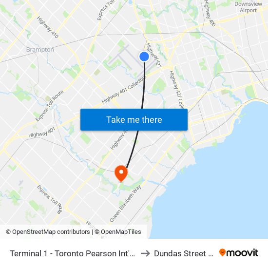 Terminal 1 - Toronto Pearson Int'L Airport to Dundas Street West map