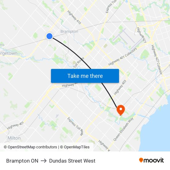 Brampton ON to Dundas Street West map