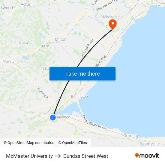 McMaster University to Dundas Street West map