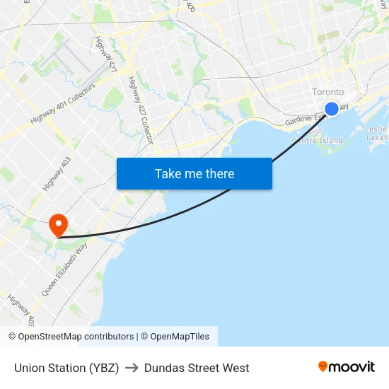 Union Station (YBZ) to Dundas Street West map