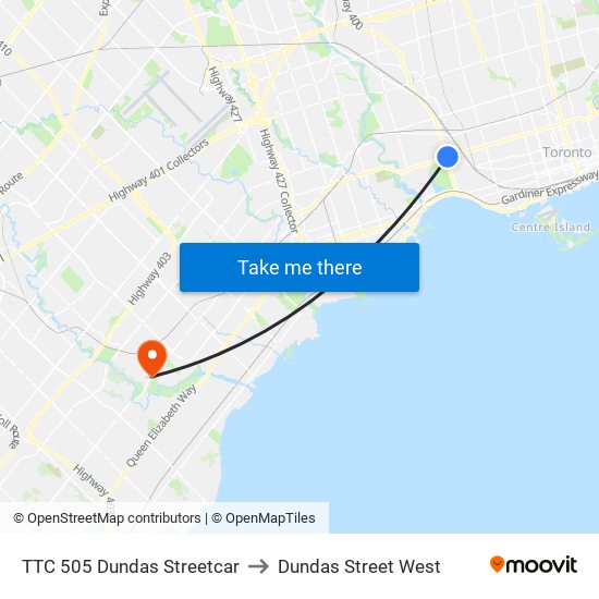 TTC 505 Dundas Streetcar to Dundas Street West map