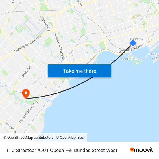 TTC Streetcar #501 Queen to Dundas Street West map
