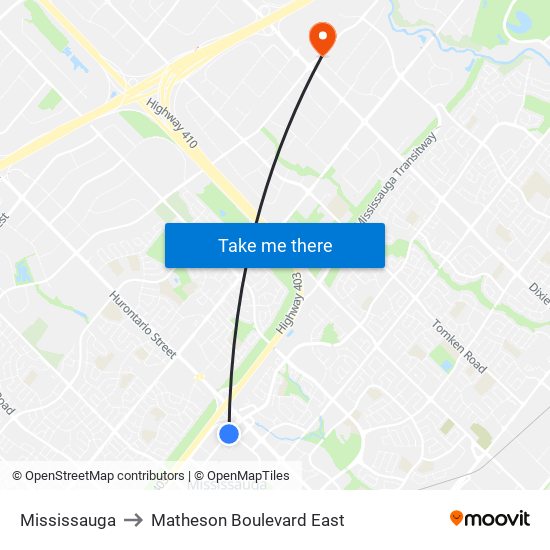 Mississauga to Matheson Boulevard East map