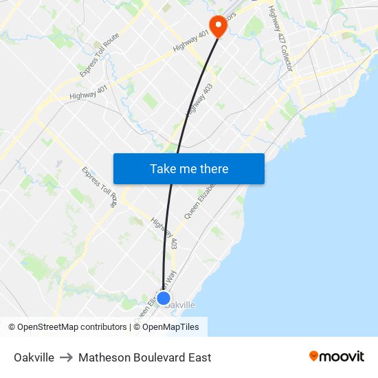 Oakville to Matheson Boulevard East map