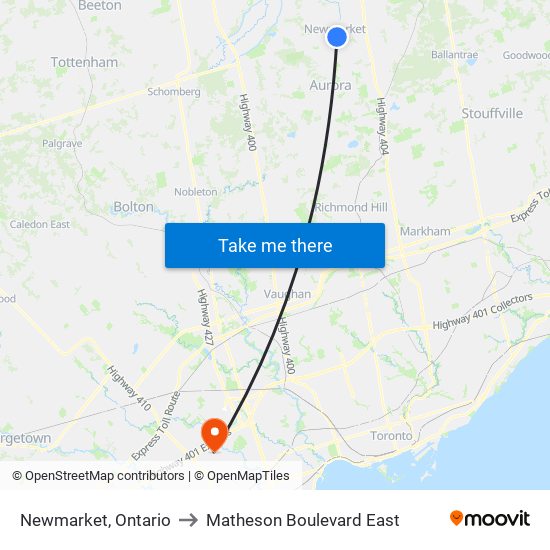 Newmarket, Ontario to Matheson Boulevard East map