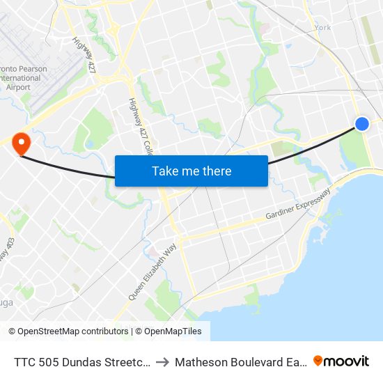 TTC 505 Dundas Streetcar to Matheson Boulevard East map