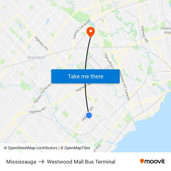 Mississauga to Westwood Mall Bus Terminal map