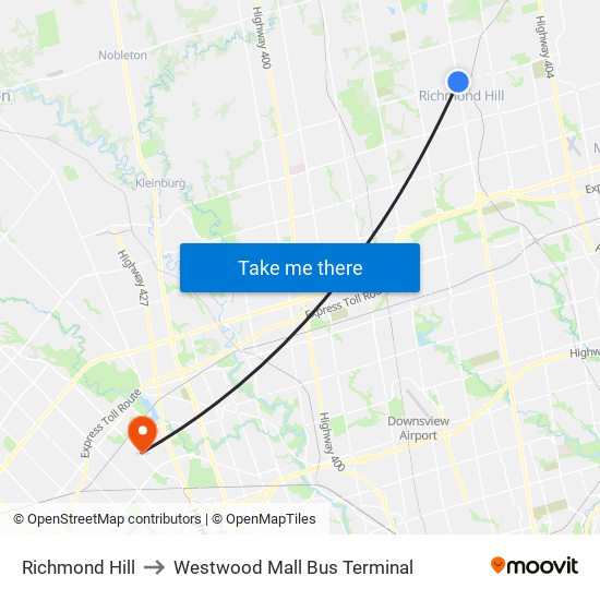 Richmond Hill to Westwood Mall Bus Terminal map