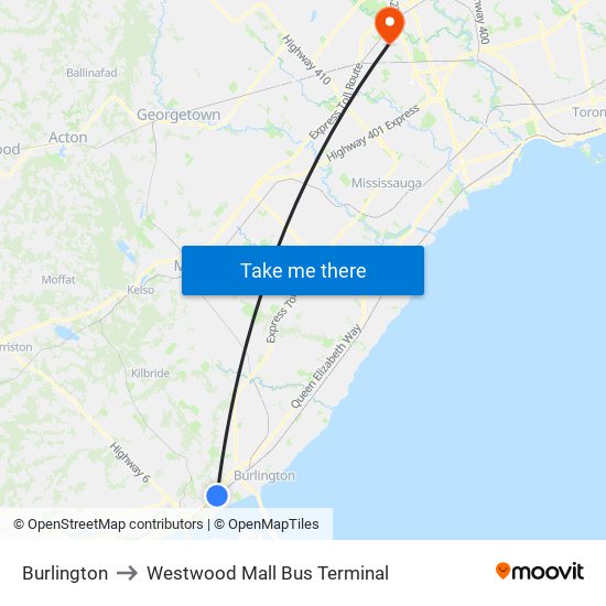 Burlington to Westwood Mall Bus Terminal map