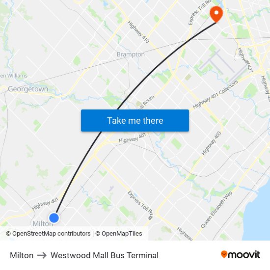 Milton to Westwood Mall Bus Terminal map