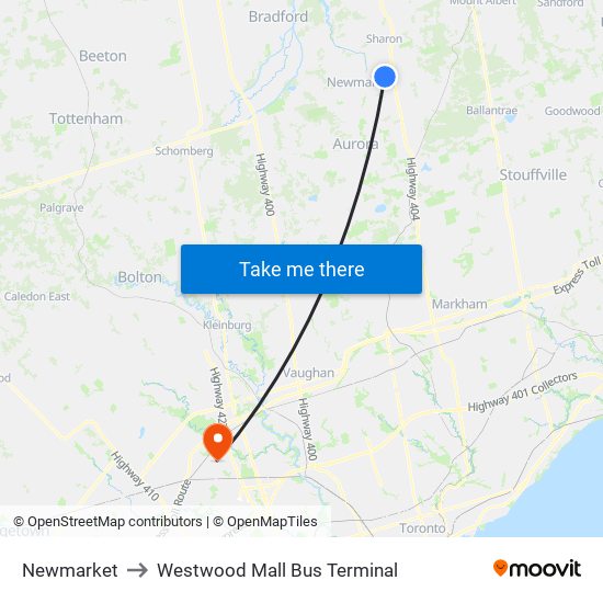 Newmarket to Westwood Mall Bus Terminal map