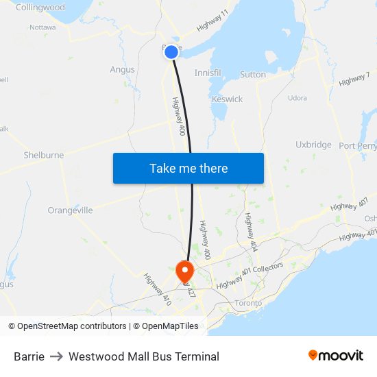 Barrie to Westwood Mall Bus Terminal map