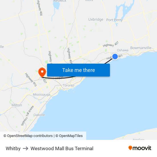 Whitby to Westwood Mall Bus Terminal map