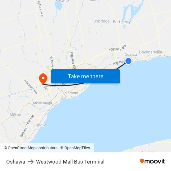 Oshawa to Westwood Mall Bus Terminal map