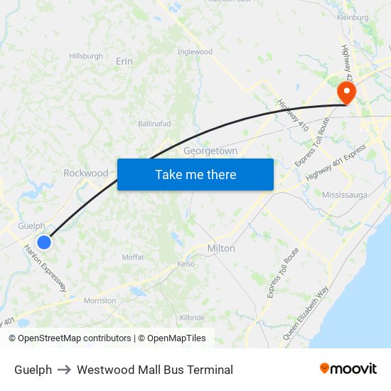 Guelph to Westwood Mall Bus Terminal map