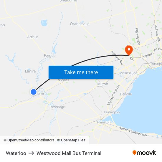 Waterloo to Westwood Mall Bus Terminal map