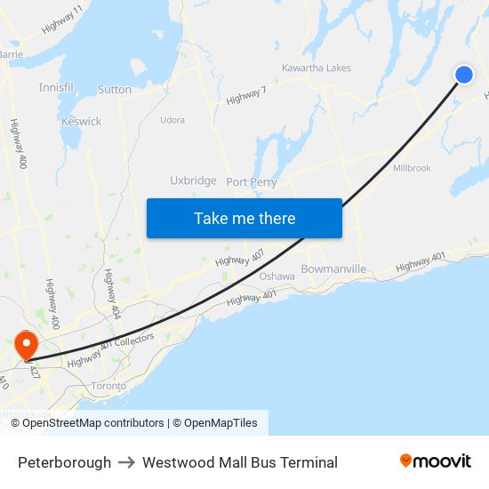 Peterborough to Westwood Mall Bus Terminal map