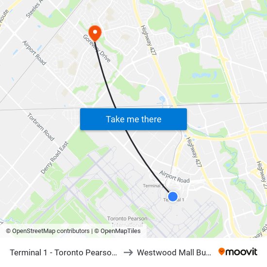 Terminal 1 - Toronto Pearson Int'L Airport to Westwood Mall Bus Terminal map