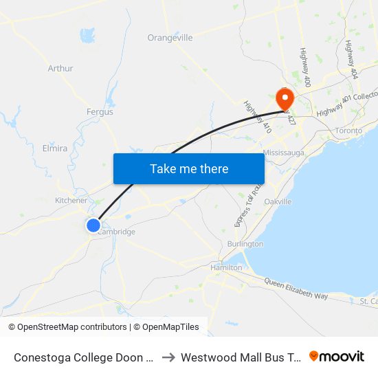 Conestoga College Doon Campus to Westwood Mall Bus Terminal map
