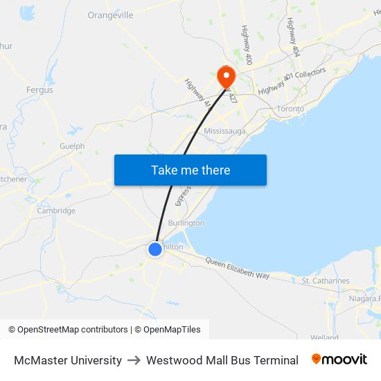 McMaster University to Westwood Mall Bus Terminal map