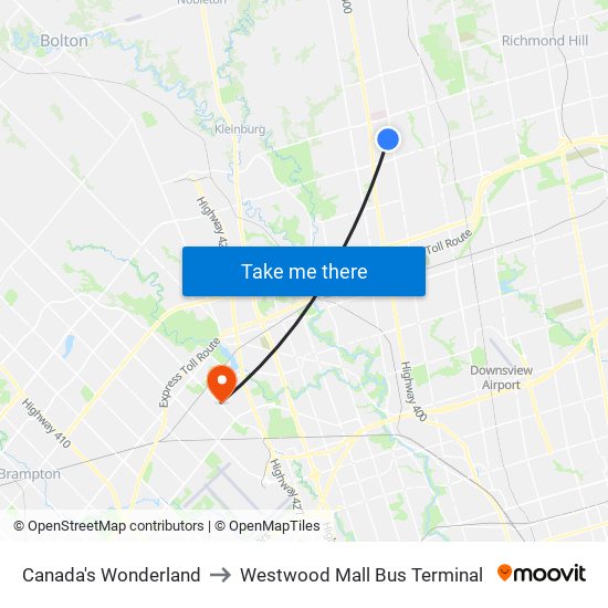 Canada's Wonderland to Westwood Mall Bus Terminal map