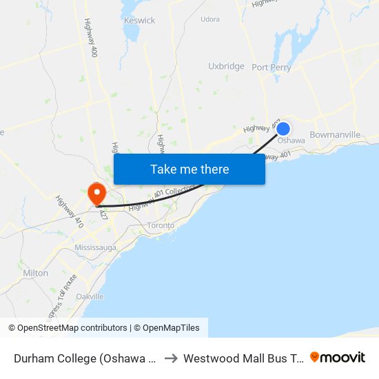 Durham College (Oshawa Campus) to Westwood Mall Bus Terminal map