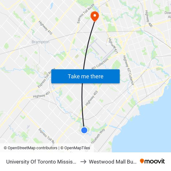 University Of Toronto Mississauga Campus to Westwood Mall Bus Terminal map