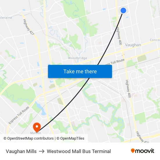 Vaughan Mills to Westwood Mall Bus Terminal map