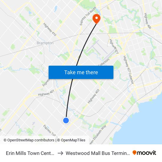 Erin Mills Town Centre to Westwood Mall Bus Terminal map