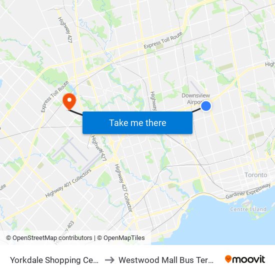 Yorkdale Shopping Centre to Westwood Mall Bus Terminal map